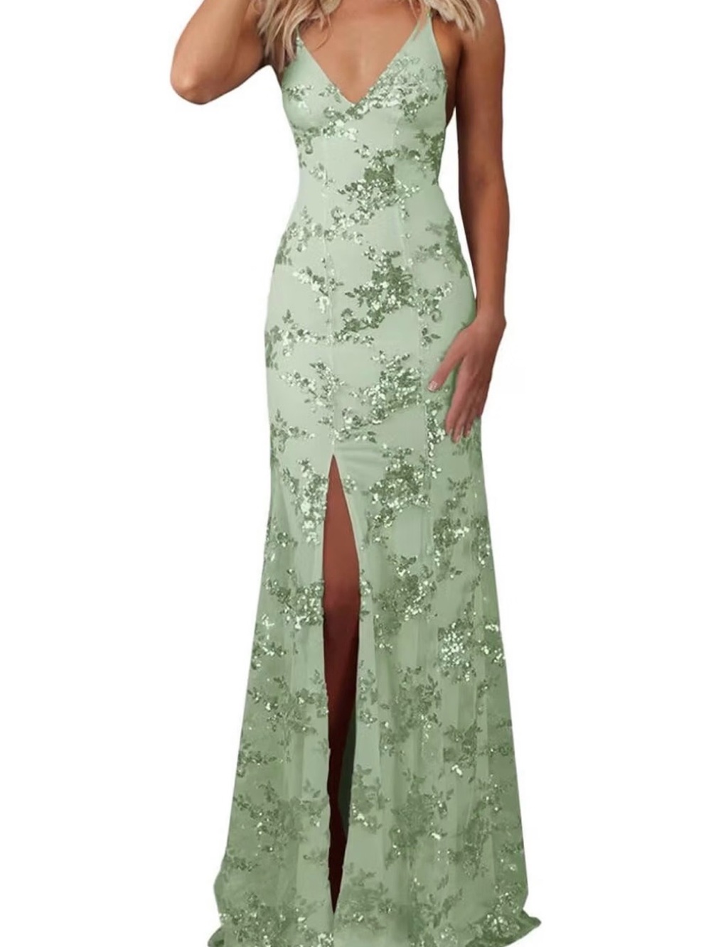 Amazon Sage Green Sequin V-Neck Maxi Dress